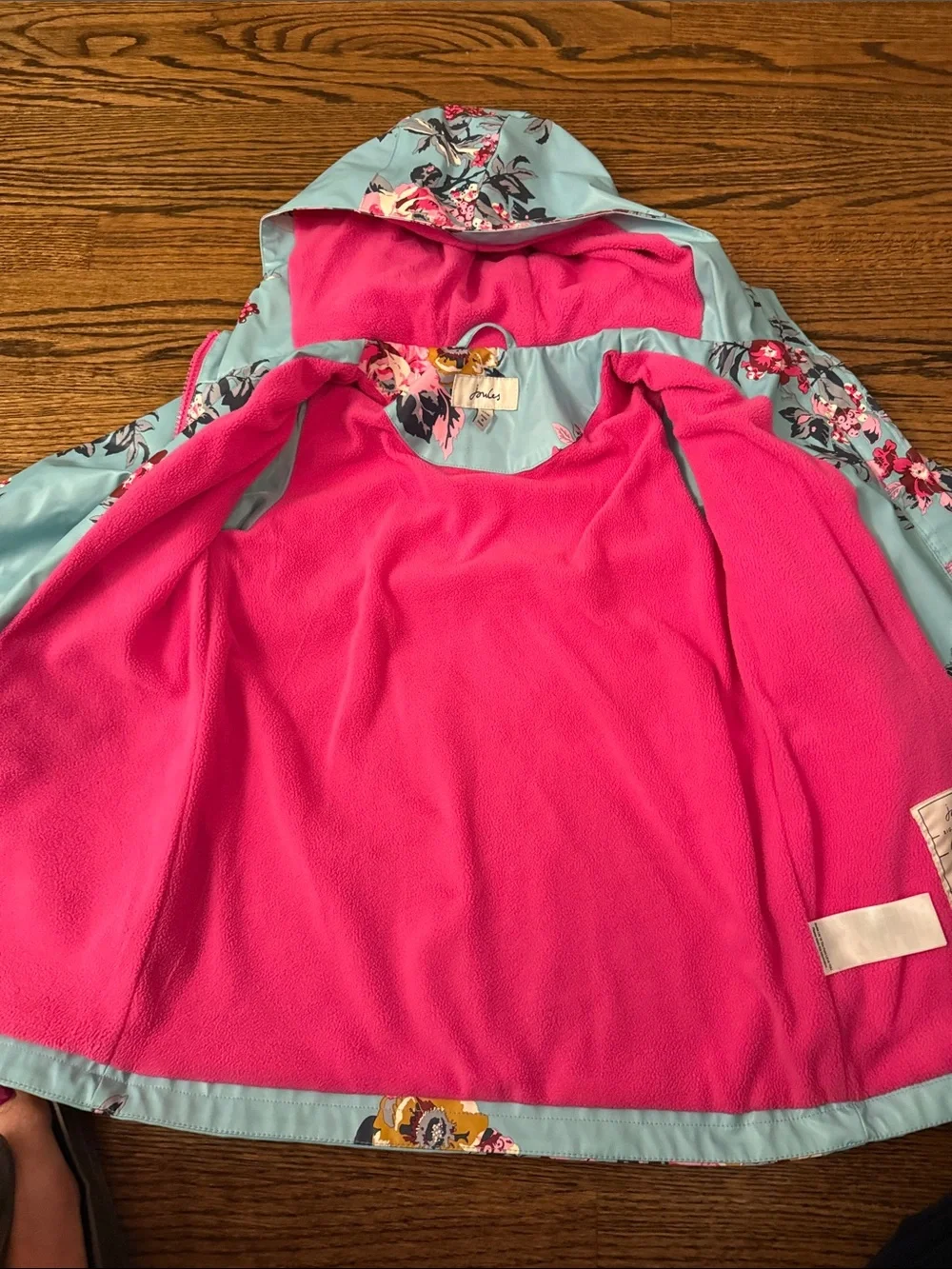 Joules Light Blue Floral Hooded Raincoat with Pink Fleece Lining